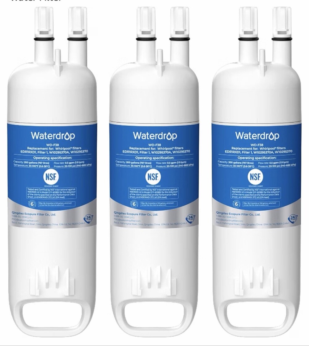 3 Pack Waterdrop WD-F38 Water Filter for EDR1RXD1 W10295370A Refrigerator